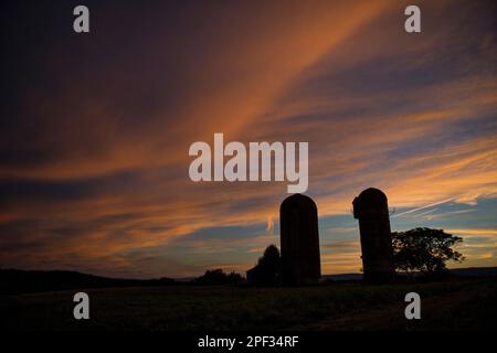 Stati Uniti - Giugno 26, 2019: Sili di Fattoria vicino al villaggio di Philomont per creare lo sfondo perfetto per il sole di setting. (Foto di Douglas Graham/WLP) Foto Stock