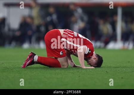 Michael Gregoritsch di SC Freiburg sembra sconsolato durante il round della UEFA Europa League di 16 partita di seconda gamba tra SC Freiburg e Juventus FC allo Stade Europa-Park il 16 2023 marzo a Friburgo, in Germania . Foto Stock