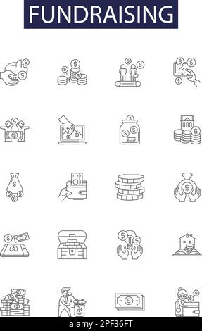 Icone e segni vettoriali per linee di raccolta fondi. Procurando, raccogliendo, ottenendo, rallying, risorsa, Interesse, filantropia, vettore di contorno di reddito Illustrazione Vettoriale