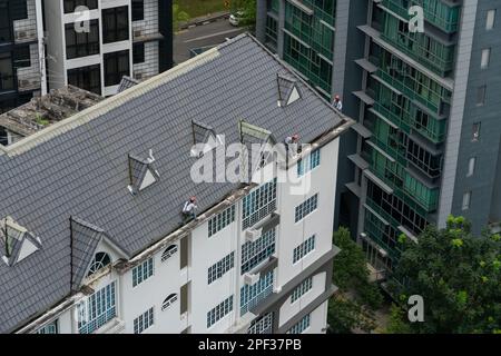 I conciatori si stanno preparando per lavori di riparazione dei tetti in cima ad un appartamento a Singapore. Foto Stock