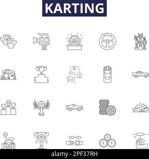 Icone e segni vettoriali della linea Karting. Corse, Kart, pista, veloce, divertente, Set di illustrazioni vettoriali per Motorsport, Slick, Steering Outline Illustrazione Vettoriale