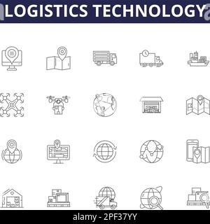 Icone e insegne vettoriali per la linea di tecnologia logistica. Tecnologia, monitoraggio, automazione, consegna, warehousing, Monitoraggio, sistemi, vettore di contorno di rete Illustrazione Vettoriale