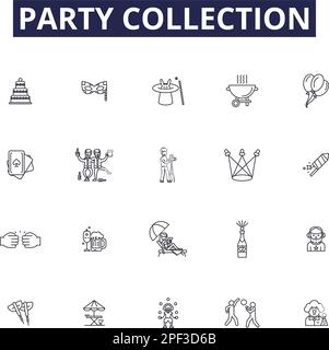 Icone e segni vettoriali per la linea di raccolta delle feste. Raccolta, evento, raccogliere, decorare, invitare, Celebrate, Streamer, Balloons delineano il vettore Illustrazione Vettoriale