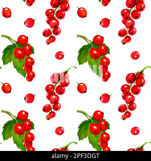 Motivo senza cuciture con bacche rosse. Ribes acquerello isolato su sfondo bianco. Illustrazione botanica disegnata a mano. Clip arte rami di bacca. Viva M Foto Stock