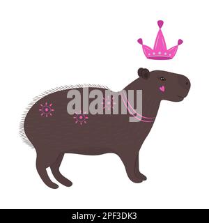 Carino capybara con corona, illustrazione nei colori marrone e rosa Illustrazione Vettoriale