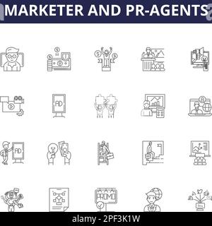 Icone e segni vettoriali per agenti di marketing e pr. pr, agente, promozione, media, pubblico, strategia, concetto, schema sociale vettore illustrazione insieme Illustrazione Vettoriale