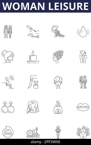 Donna linea tempo libero icone e segni vettoriali. Tempo libero, relax, Shopping, coccole, Yoga, Lettura, cottura, disegno vettoriale di contorno di viaggio Illustrazione Vettoriale