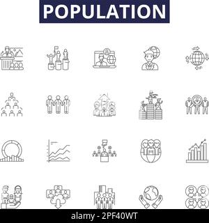 Icone e segni vettoriali della linea di popolazione. Demografia, densità, censimento, popolazione, umano, Dimensione, Società, abitanti delineano il set di illustrazioni vettoriali Illustrazione Vettoriale