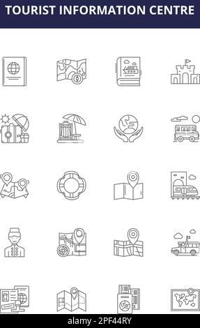 Icone e cartelli vettoriali per il centro informazioni turistiche. informazioni, centro, viaggi, turismo, visitatori, vettore, servizio, illustrazione vettore di contorno Illustrazione Vettoriale