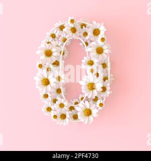 Numero 9 di fiori di camomilla naturale. Carino camomiles numero nove. Concetto di numeri di fiori primaverili isolato su sfondo rosa pastello carino. In alto Foto Stock