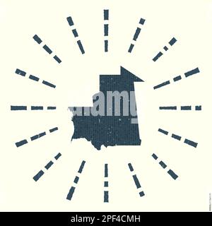 Logo Mauritania. Grunge sunburst poster con mappa del paese. Forma della Mauritania riempita con cifre esadecimali con raggi di sole intorno. Vec. Sorprendente Illustrazione Vettoriale