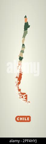 Chile poster in stile retrò. Mappa del paese con regioni in colori autunnali. Forma del Cile con nome del paese. Elegante illustrazione vettoriale. Illustrazione Vettoriale