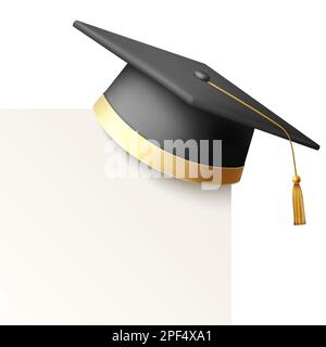 Vector 3D realistic Black Graduate College, High School, University Black Cap icona Closeup con bianco carta bianca isolato. Cappello per cerimonia di laurea Vector Illustrazione Vettoriale