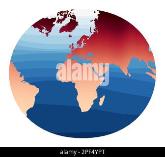 Vettore mappa mondiale. Proiezione stereografica modificata per l'Europa e l'Africa. Mondo in gradiente rosso arancio sulle onde blu profonde dell'oceano. Sorprendente vettore i Illustrazione Vettoriale