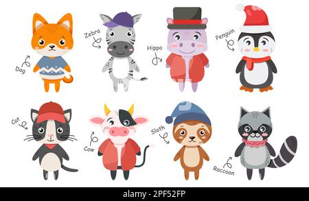 Collezione di animali selvatici . Personaggi cartoni animati di design piatto . Shiba inu Dog Zebra Hippopotamus Penguin Cat Cow Sloth Bear Raccoon . Vettore . Illustrazione Vettoriale