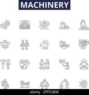 Icone e cartelli vettoriali per linee di macchinari. Attrezzatura, meccanismo, ingranaggio, apparato, assemblaggio, Set di illustrazioni vettoriali per dispositivo, sistema, contorno parte Illustrazione Vettoriale