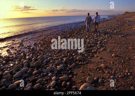 Una giovane coppia che cammina sulla Shoreline irachena tenendo le mani al tramonto Foto Stock