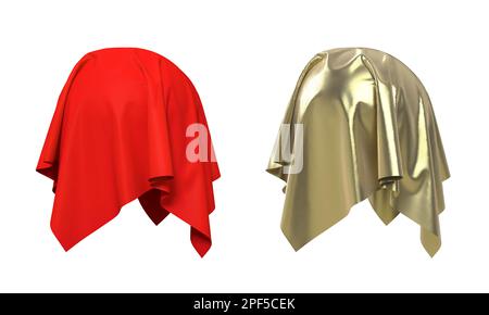 Set di sfere ricoperte di tessuto rosso e dorato lucido. Isolato su sfondo bianco. Concetto di sorpresa, premio, premio, presentazione. Mostra h Foto Stock