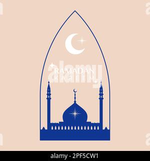 Ramadan Kareem. Skyline notturno con cupola della moschea, luna e stelle. Stile moderno. Illustrazione vettoriale, design piatto Illustrazione Vettoriale