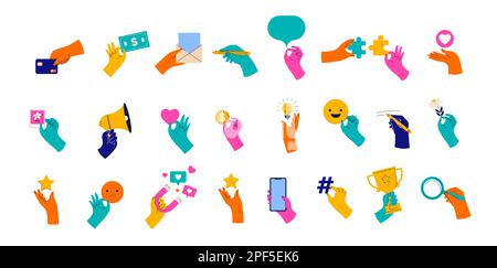 Collezione di mani colorate che tengono roba. Denaro, puzzle, icone dei social media, simboli di comunicazione e feedback. Gesti diversi. Vettore Illustrazione Vettoriale