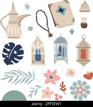 Set di illustrazioni disegnate a mano per le vacanze Ramadan Kareem. Islam, concetto di religione musulmana. Oggetti vettoriali isolati. Corano, perline di preghiera e palma Illustrazione Vettoriale