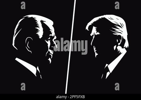 Georgia. 13 marzo 2023: Ritratto in silhouette bianco e nero di Joe Biden e Donald Trump. Biden vs Trump. Presidente DEGLI STATI UNITI su sfondo nero. Lato Illustrazione Vettoriale
