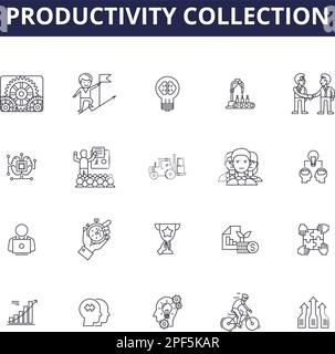 Icone e segni vettoriali per la linea di raccolta della produttività. Realizzazione, Organizzazione, risultati, produttivo, aumento, Accumulazione, crescita, creatività Illustrazione Vettoriale