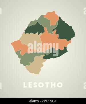 Poster Lesotho in stile retrò. Mappa del paese con regioni in colori autunnali. Forma del Lesotho con il nome del paese. Affascinante vettore illustrati Illustrazione Vettoriale