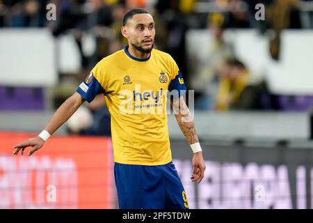 BRUXELLES, BELGIO - MARZO 16: Loic Lapoussin di Royale Union Saint-Gilloise durante la UEFA Europa League Round di 16 tappa due partita tra Royale Union Saint-Gilloise e 1. FC Union Berlin allo stadio Anderlecht il 16 marzo 2023 a Bruxelles, Belgio (Foto di René Nijhuis/Orange Pictures) Foto Stock