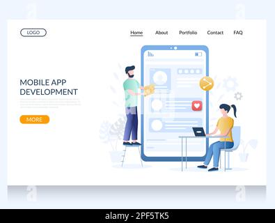 Modello di progettazione della landing page del sito Web vettoriale per lo sviluppo di app mobili Illustrazione Vettoriale