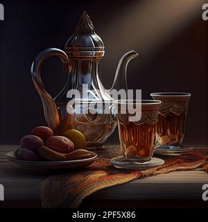 una vecchia tea pot e due tazze su un tavolo con frutta sullo sfondo è una scena di vita ferma Foto Stock