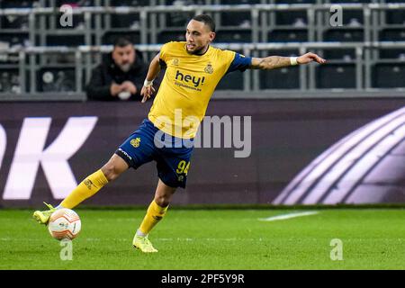 BRUXELLES, BELGIO - MARZO 16: Loic Lapoussin di Royale Union Saint-Gilloise durante la UEFA Europa League Round di 16 tappa due partita tra Royale Union Saint-Gilloise e 1. FC Union Berlin allo stadio Anderlecht il 16 marzo 2023 a Bruxelles, Belgio (Foto di René Nijhuis/Orange Pictures) Foto Stock