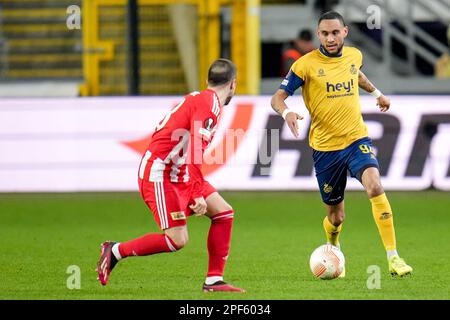 BRUXELLES, BELGIO - MARZO 16: Loic Lapoussin di Royale Union Saint-Gilloise durante la UEFA Europa League Round di 16 tappa due partita tra Royale Union Saint-Gilloise e 1. FC Union Berlin allo stadio Anderlecht il 16 marzo 2023 a Bruxelles, Belgio (Foto di René Nijhuis/Orange Pictures) Foto Stock