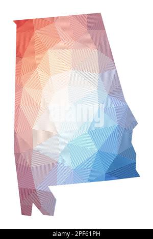 Mappa dell'Alabama. Illustrazione poly bassa dello stato US. Disegno geometrico a strisce. Tecnologia, Internet, concetto di rete. Illustrazione vettoriale. Illustrazione Vettoriale