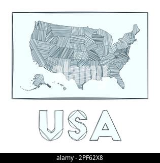 Mappa degli Stati Uniti. Mappa del paese disegnata a mano in scala di grigi. Regioni piene con strisce di acconciatura. Illustrazione vettoriale. Illustrazione Vettoriale