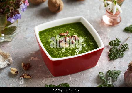 Salsa al pesto verde fatta in casa con foglie di prezzemolo di vacca giovane - pianta commestibile selvatica raccolta all'inizio della primavera Foto Stock