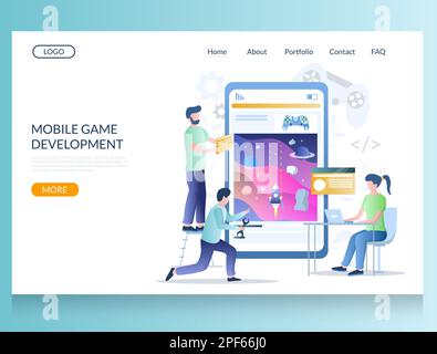 Modello di progettazione della landing page del sito vettoriale per lo sviluppo di giochi per dispositivi mobili Illustrazione Vettoriale