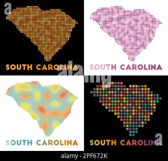 Mappa della Carolina del Sud. Collezione di mappe del South Carolina in stile punteggiato. Bordi dello stato degli Stati Uniti riempiti di rettangoli per il progetto. Illustrazione Vettoriale