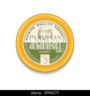 Etichetta rotonda vintage Parmigiano e modello di confezionamento. icone dettagliate formaggio. Illustrazione dei prodotti lattiero-caseari per caseifici, confezioni e. Illustrazione Vettoriale