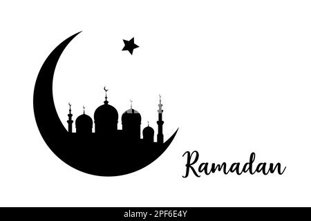 Concetto Ramadan a forma di luna crescente con moschea araba islamica per il mese Santo della celebrazione della comunità musulmana, vettore silhouette nera iso Illustrazione Vettoriale