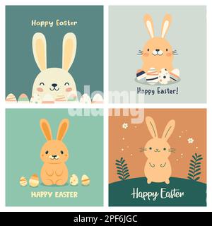 Buona Pasqua. Vector Easter Banner Set con carino divertente Cartoon conigli minimalisti e uova. Biglietto d'auguri, cartellino per le vacanze di Pasqua con appartamento Illustrazione Vettoriale