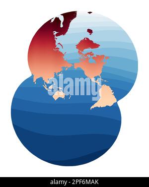 Vettore mappa mondiale. Proiezione stereografica modificata per l'oceano Pacifico. Mondo in gradiente rosso arancio sulle onde blu profonde dell'oceano. Vettore artistico illu Illustrazione Vettoriale