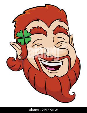 Viso sorridente Leprechaun con capelli e barba di zenzero, orecchie appuntite e quadrifoglio. Design in stile cartone animato. Illustrazione Vettoriale