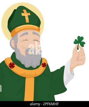 Sorridente di St.. Patrick con alone, tunica verde e mitra, insegnando con uno shamrock. Illustrazione Vettoriale