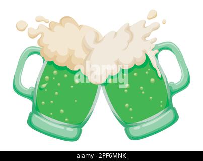 Coppia festosa di tazze di birra con birra verde e abbondante schiuma, tostatura nella celebrazione del giorno di San Patrizio. Illustrazione Vettoriale