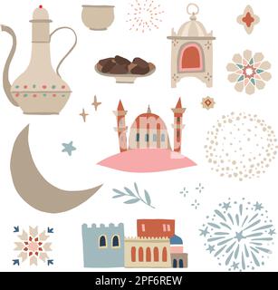 Set di illustrazioni disegnate a mano per le vacanze Ramadan Kareem. Islam, concetto di religione musulmana. Oggetti vettoriali isolati. Moschea con torre minareto, luna Illustrazione Vettoriale