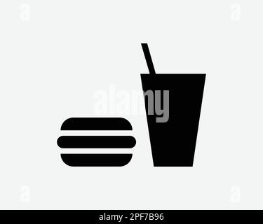 Icona del cibo e delle bevande Burger Soda Cup Soft Drinks Pop Hamburger Black White Silhouette simbolo segno grafico clipart Illustrazione pittogramma Vector Illustrazione Vettoriale