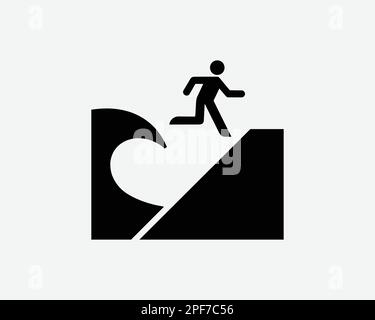 Tsunami fuga d'onda di evacuazione terra alta Entroterra Nero Bianco Silhouette segno simbolo icona Clipart grafico Pittogramma Illustrazione vettore Illustrazione Vettoriale