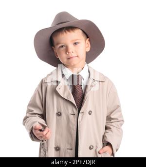 Carino piccolo detective con orologio retrò su sfondo bianco Foto Stock