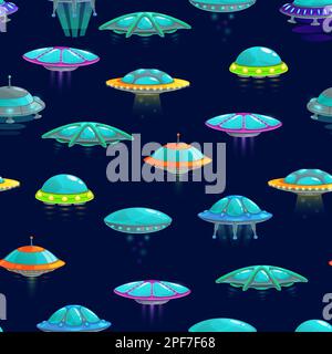 Cartoon ufo e spacecrafts senza cuciture pattern. Sfondo vettoriale con graziosi piattini alieni su sfondo blu. Ornamento ripetuto a tema di spazio per il confezionamento Illustrazione Vettoriale